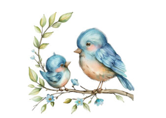 watercolor cartoon Funny Mom and Baby Bird on Branch t shirt design for sale