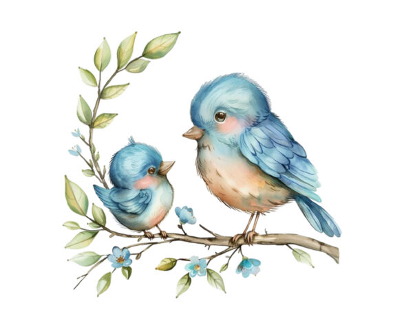 Watercolor cartoon funny mom and baby bird on branch t shirt design for sale