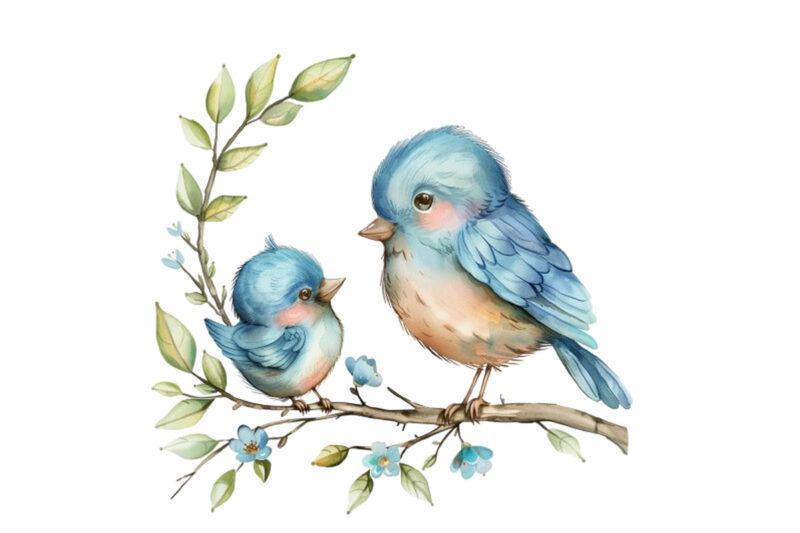 watercolor cartoon Funny Mom and Baby Bird on Branch