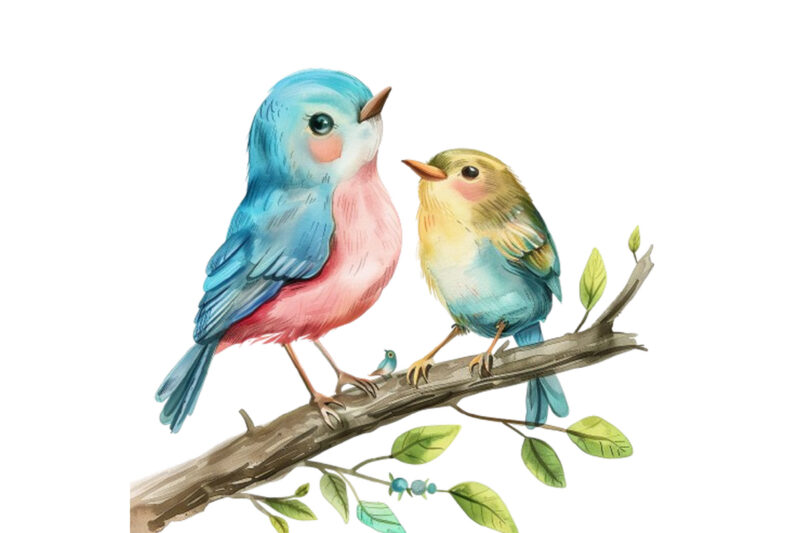 watercolor cartoon Funny Mom and Baby Bird on Branch