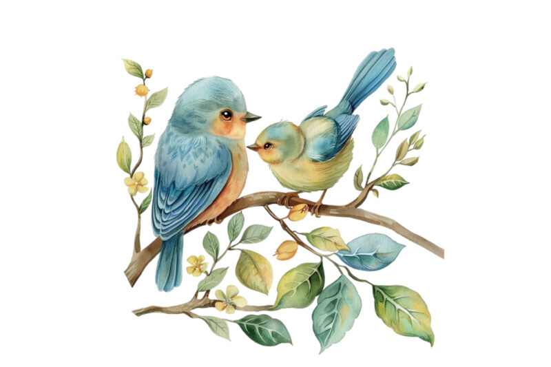 watercolor cartoon Funny Mom and Baby Bird on Branch