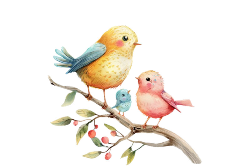 watercolor cartoon Funny Mom and Baby Bird on Branch