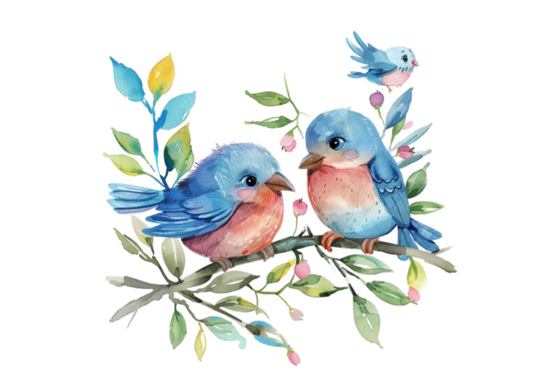 watercolor cartoon Funny Mom and Baby Bird on Branch