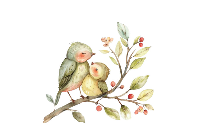 watercolor cartoon Funny Mom and Baby Bird on Branch