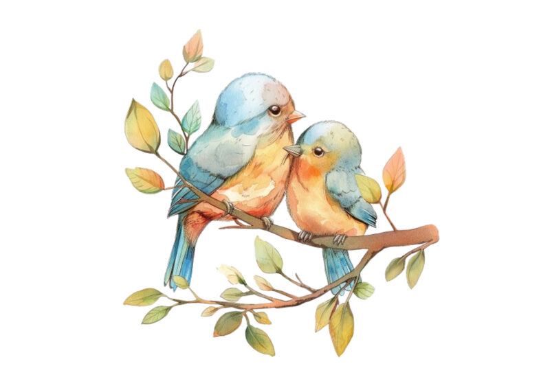 watercolor cartoon Funny Mom and Baby Bird on Branch