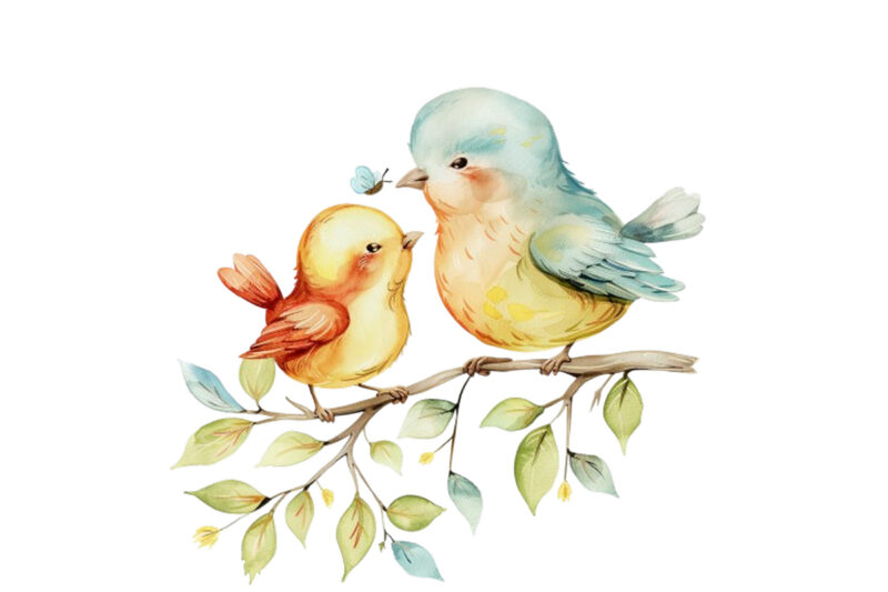 watercolor cartoon Funny Mom and Baby Bird on Branch