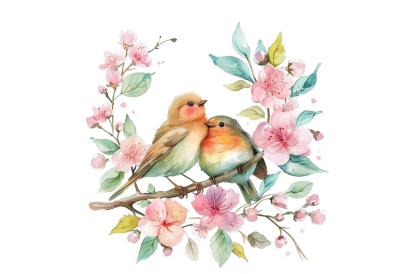 watercolor cartoon Funny Mom and Baby Bird on Branch