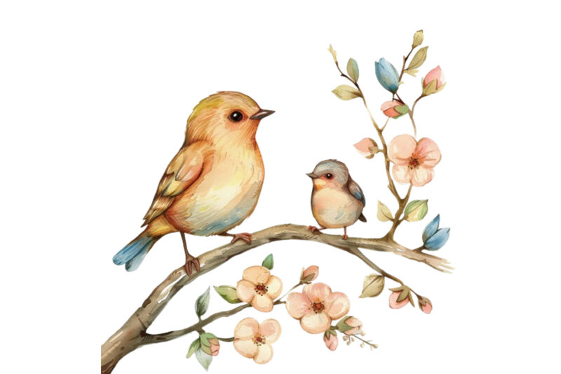 watercolor cartoon Funny Mom and Baby Bird on Branch