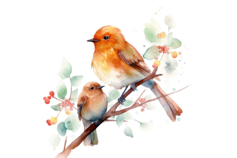 watercolor cartoon Funny Mom and Baby Bird on Branch