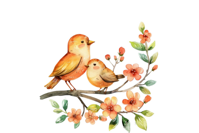 watercolor cartoon Funny Mom and Baby Bird on Branch