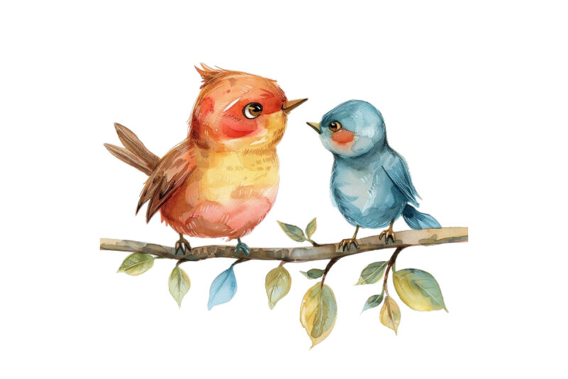 watercolor cartoon Funny Mom and Baby Bird on Branch