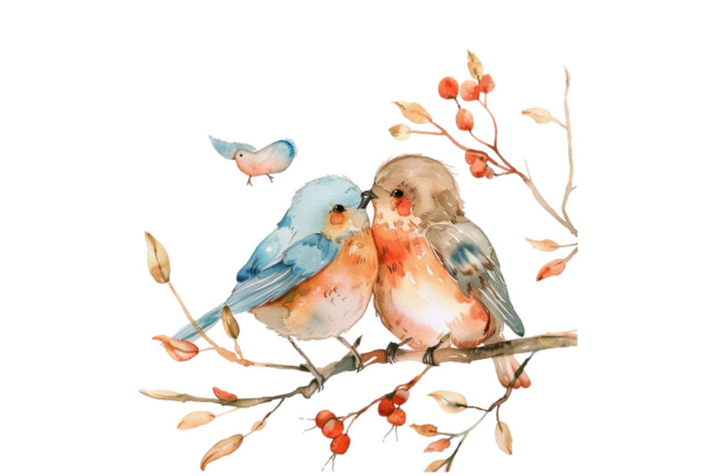 watercolor cartoon Funny Mom and Baby Bird on Branch