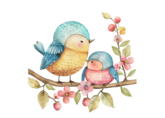 watercolor cartoon Funny Mom and Baby Bird on Branch