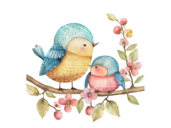 Watercolor cartoon funny mom and baby bird on branch t shirt design for sale