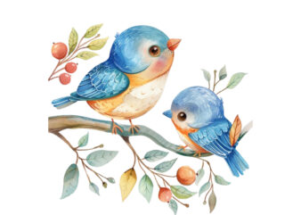 watercolor cartoon Funny Mom and Baby Bird on Branch