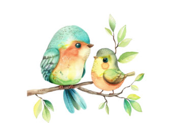 watercolor cartoon Funny Mom and Baby Bird on Branch t shirt design for sale