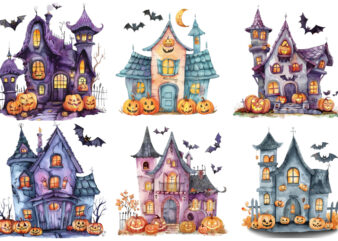 watercolor colourful Kawaii Halloween house