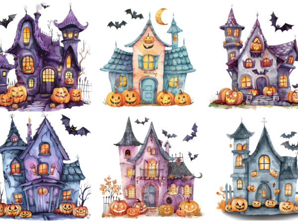 Watercolor colourful kawaii halloween house t shirt design for sale