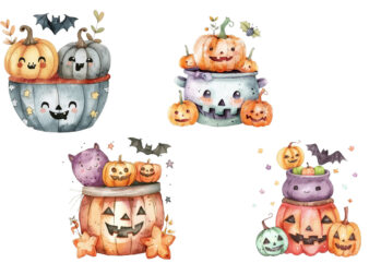 watercolor colourful Kawaii Halloween pot