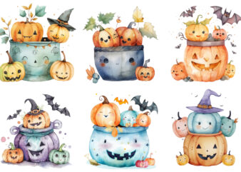 watercolor colourful Kawaii Halloween pot