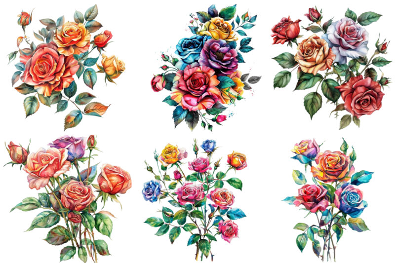 watercolor colourful bunch of spiring roses wedding