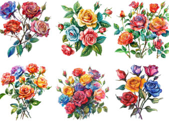 watercolor colourful bunch of spiring roses clipart