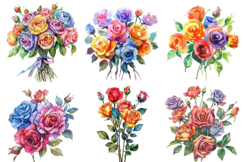 watercolor colourful bunch of spiring roses wedding