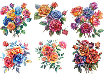 watercolor colourful bunch of spiring roses wedding