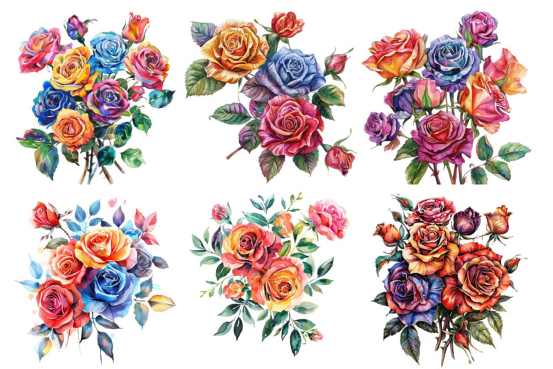 watercolor colourful bunch of spiring roses wedding