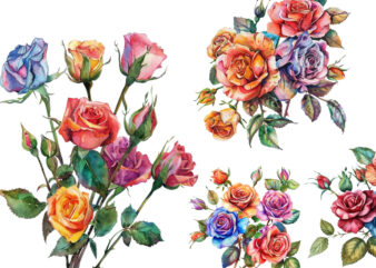 watercolor colourful bunch of spiring roses wedding