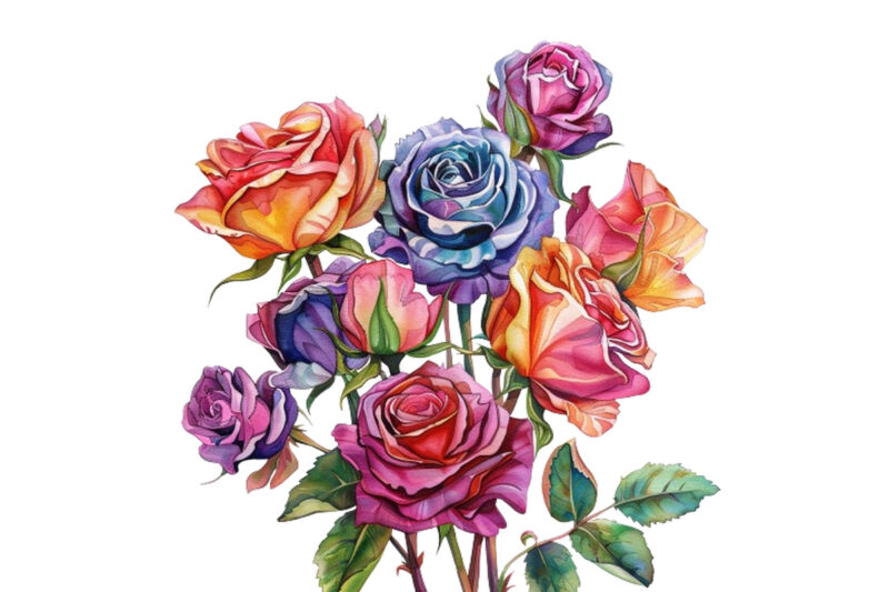 watercolor colourful bunch of spiring roses wedding