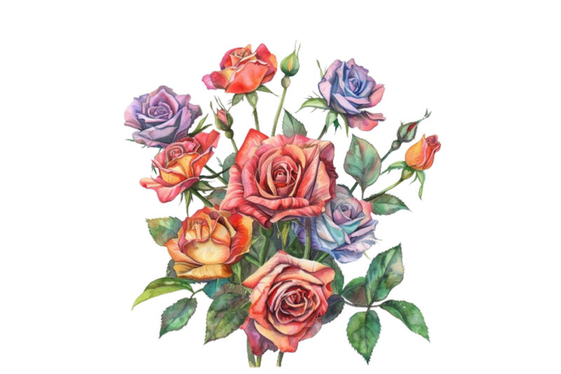 watercolor colourful bunch of spiring roses wedding