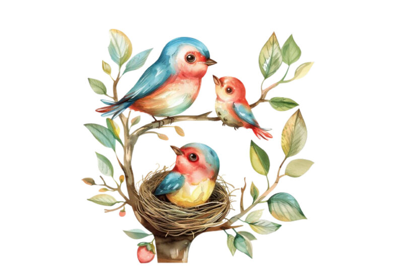 watercolor colourful cartoon cute mom and baby bird