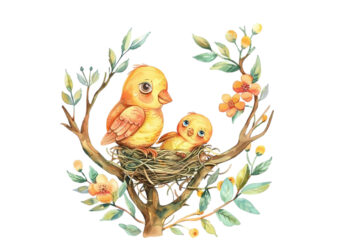 watercolor colourful cartoon cute mom and baby bird t shirt design for sale