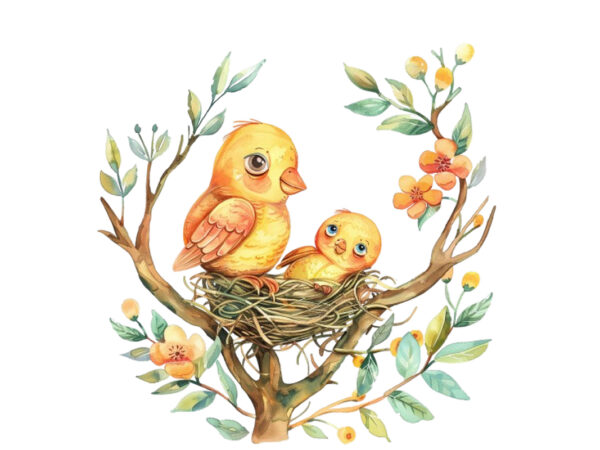 Watercolor colourful cartoon cute mom and baby bird t shirt design for sale