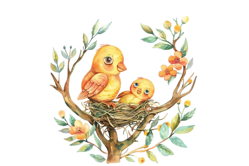 watercolor colourful cartoon cute mom and baby bird