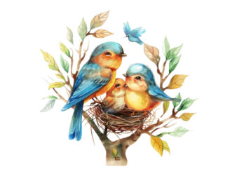 watercolor colourful cartoon cute mom and baby bird