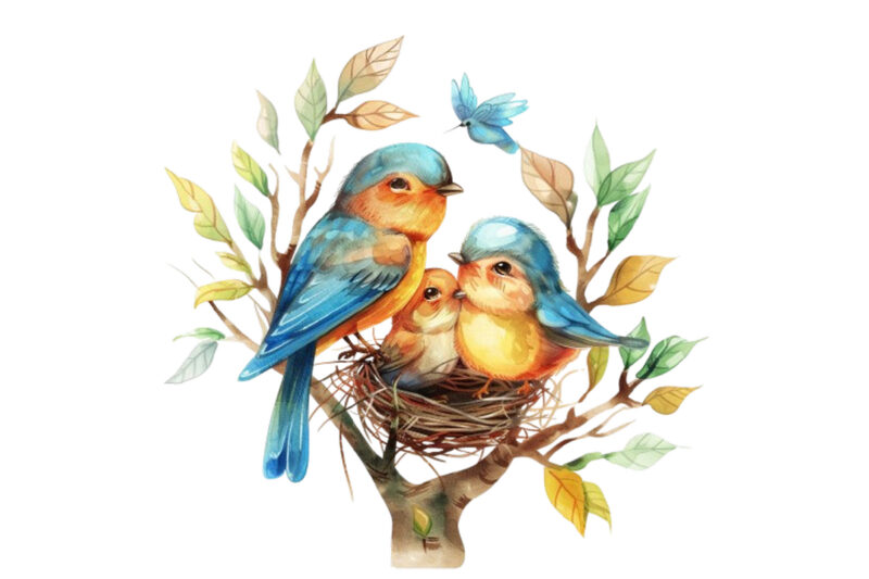 watercolor colourful cartoon cute mom and baby bird