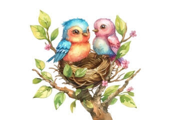 watercolor colourful cartoon cute mom and baby bird