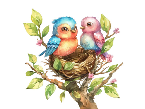 Watercolor colourful cartoon cute mom and baby bird t shirt design for sale