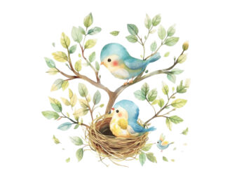 watercolor colourful cartoon cute mom and baby bird