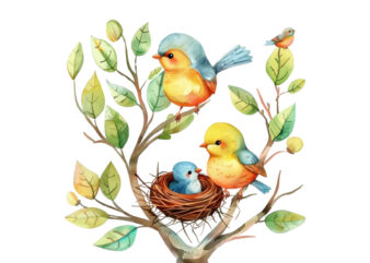 watercolor colourful cartoon cute mom and baby bird