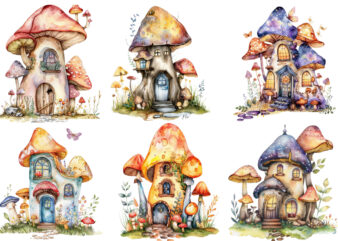 watercolor colourful fairy house in mashroom t shirt design for sale