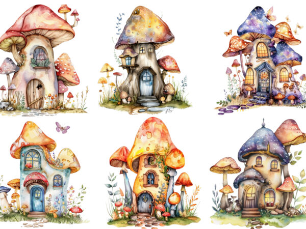 Watercolor colourful fairy house in mashroom t shirt design for sale