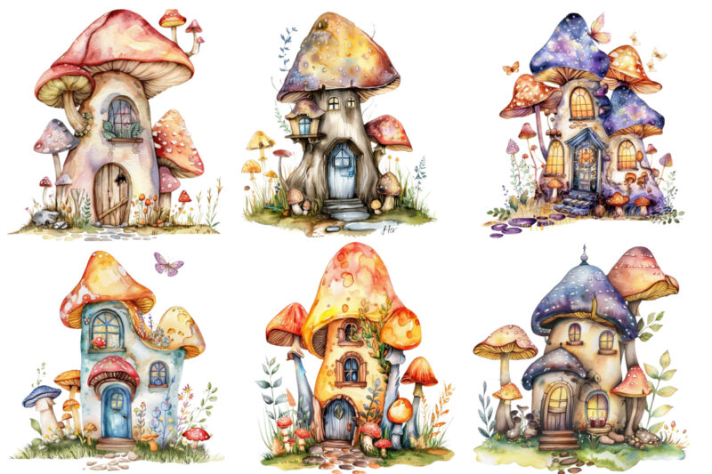 watercolor colourful fairy house in mashroom