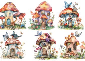 watercolor colourful fairy house in mashroom t shirt design for sale