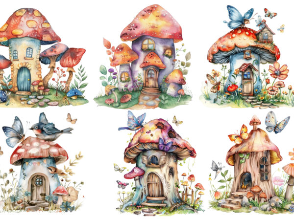 Watercolor colourful fairy house in mashroom t shirt design for sale