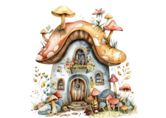 watercolor colourful fairy house in mashroom t shirt design for sale