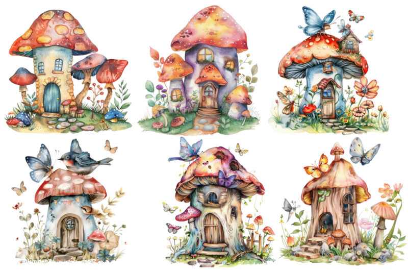 watercolor colourful fairy house in mashroom