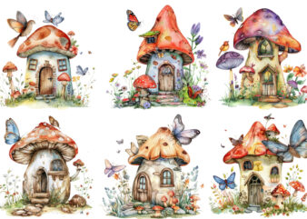 watercolor colourful fairy house in mashroom